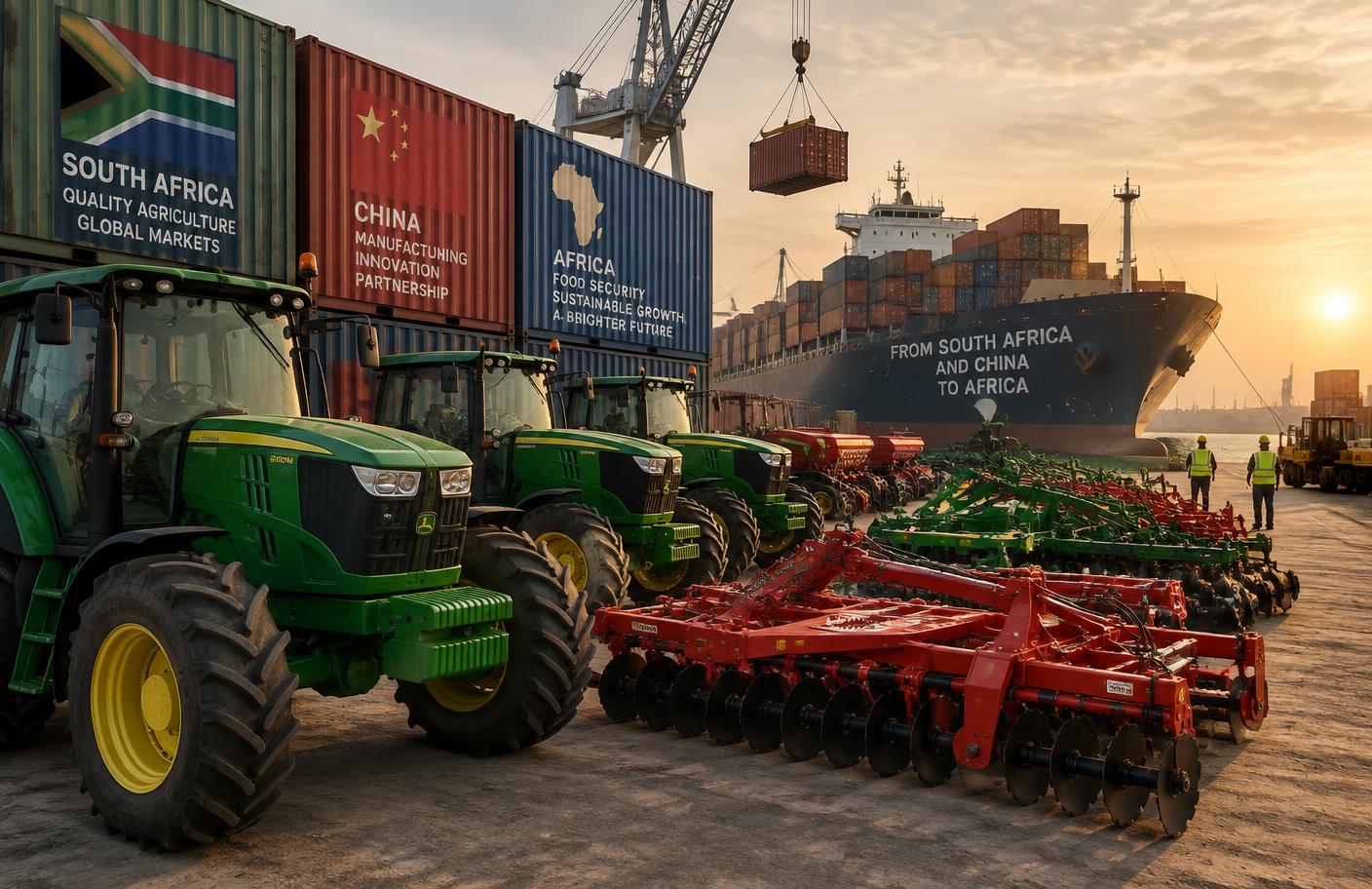 Agricultural machinery and shipping containers representing global trade